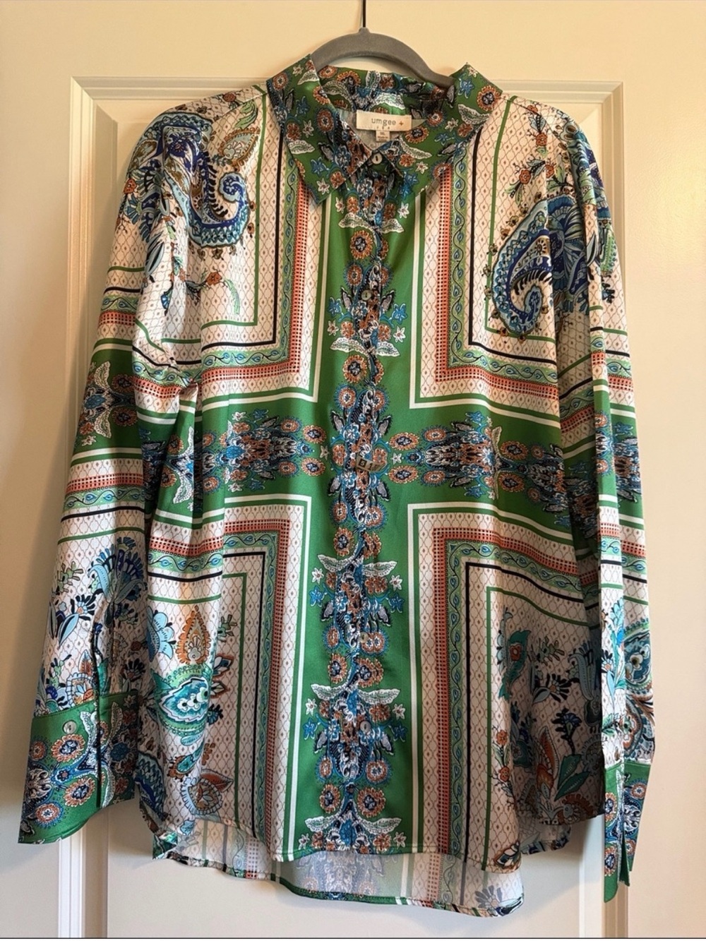 Umgee Green and Blue Paisley Print Button-Down Shirt